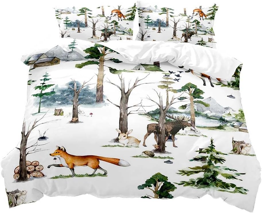 Cartoon Forest Animals Duvet Cover Queen King Size Double Bed Children Boy Bedding Bear Deer Fox Rabbit Country Cottage 3 Pcs