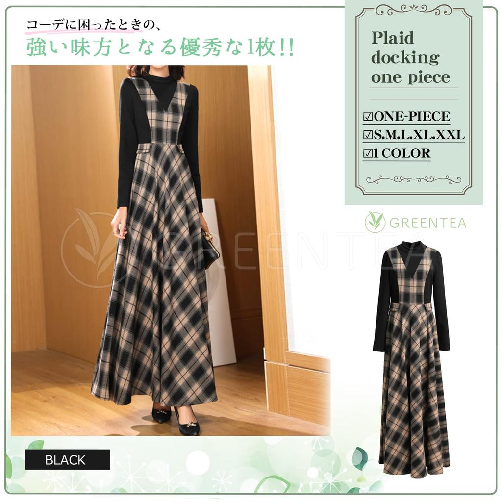 Green Tea Long Long Check Layered Perfect for Size L Dress, Sleeves, Pattern, Look, Fall/Winter, Slimming, Comfortable, Women's,