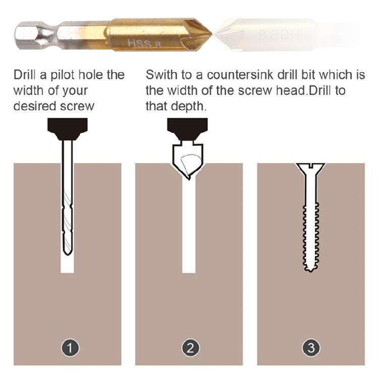 Countersink Drill Bits Center Punch Set 3 Pcs 1/4'' Hex Shank HSS 5 Flutes 90°