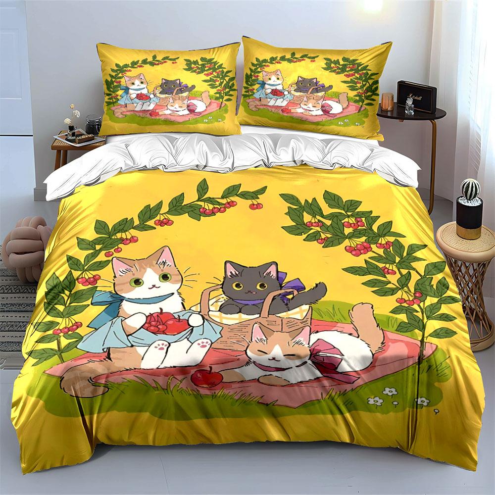 Adorable Cats with Fruits Design Bedding Duvet Cover Set Duvet Cover Pillowcases  (1*Duvet Cover 2*Pillowcases, Without Duvet Insert)