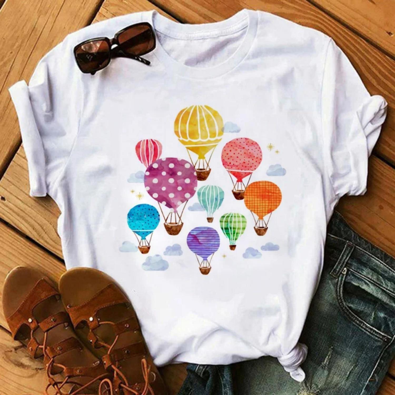 Cute Flower Hot Air Balloon Print Women s Casual Top Women s Top Short Sleeve T-shirt White Women s Tee XXXXXL белый