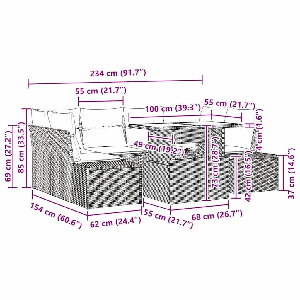 7 Piece Sofa Set with Cushions in Brown and Cream Poly Rattan