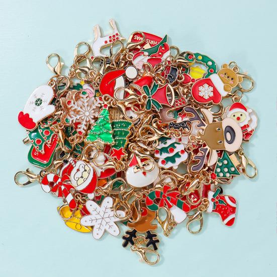 Oil Dripping Pendants 10/20/30Pcs Christmas Keychain Set, Golden Plated Alloy Enamel Keyring Pendant, Kit Santa Tree Reindeer for Holiday Bag