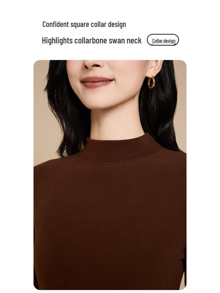 Women's Velvet Semi-High Neck Slim Fit Long Sleeve Thermal Top for Autumn/Winter