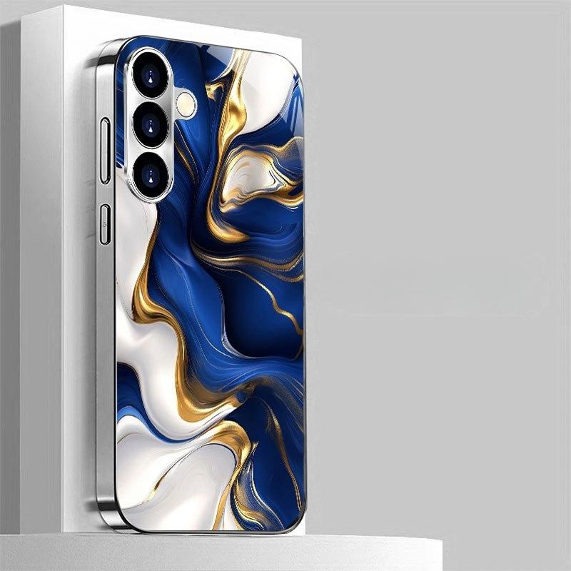 

Gold-plated tempered glass phone case, compatible Galaxy S26 S25 S24 S23 S22 Ultra Plus. Features a flowing blue-gold design. For Galaxy S26