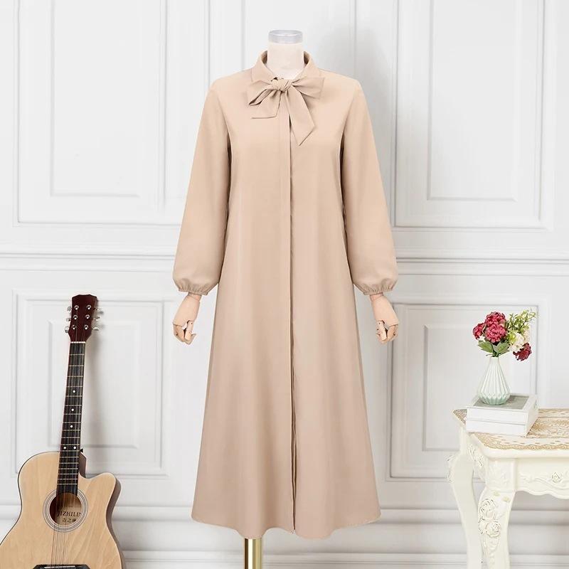 Muslim Women's Plus Size Fashion Bow Tie Lapel Solid Color Long Sleeve Shirt Sundress Pocket Loose Long Dress