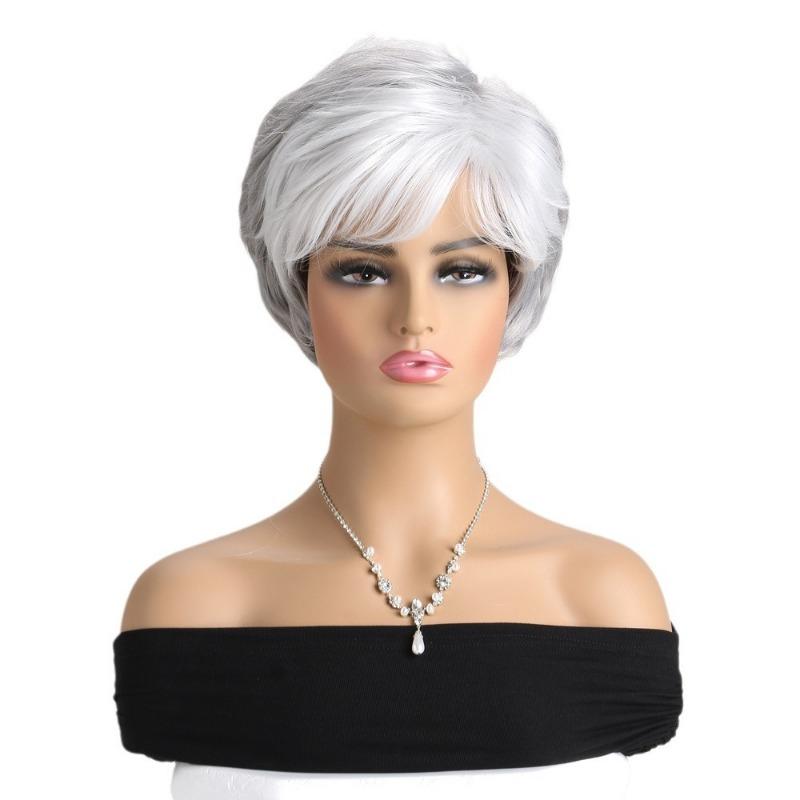 

Натуральные Синтетические Короткие Кудрявые Парики Серебристый Парик с Челкой Стрижка Пикси Пепельно-русый Парик для Женщин Косплей Пожилая Леди Мамины Волосы