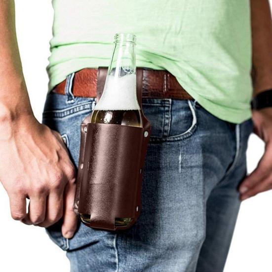 Beer Holster Belt Waist Bag Faux Leather Beer Holder Travel Pouch Soda Beer Bottle Holder for Picnic Beach BBQ Camping