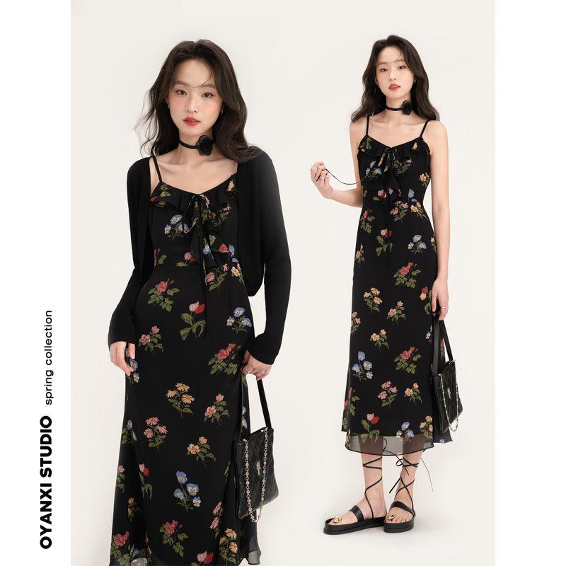 

Ouyang Xi Girl Slim Fit Dress Floral Strap Black-(Mao Knitwear-In Stock) S