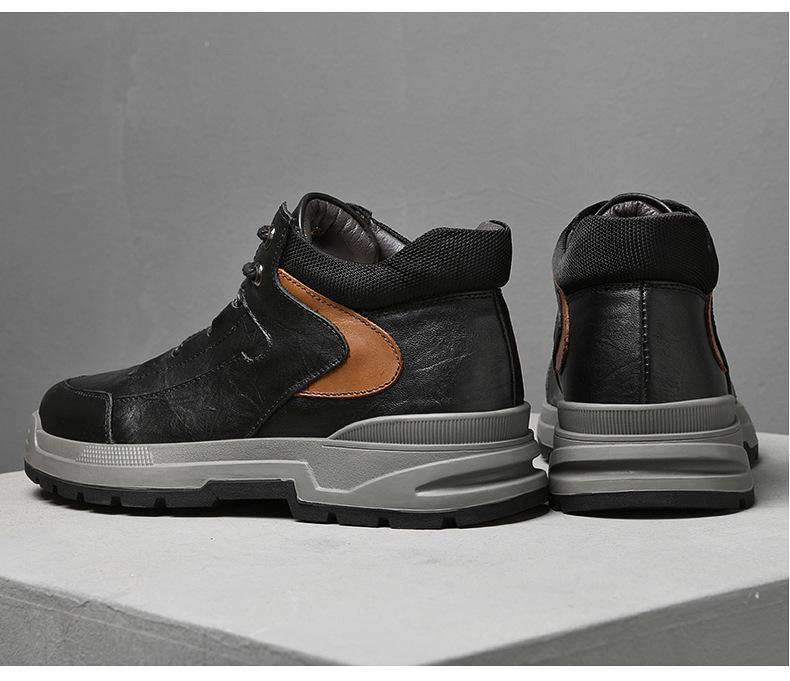 Men's Oversized Casual Leather Shoes - Autumn/Winter, Thick Cotton, Youth Hiking and Outdoor Workwear Shoes