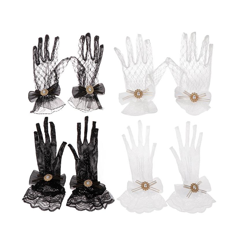 Lolita Mesh Bow Flower Lace Gloves Black White Lace Gloves Lolita Lace Sleeves Cosplay Jewelry