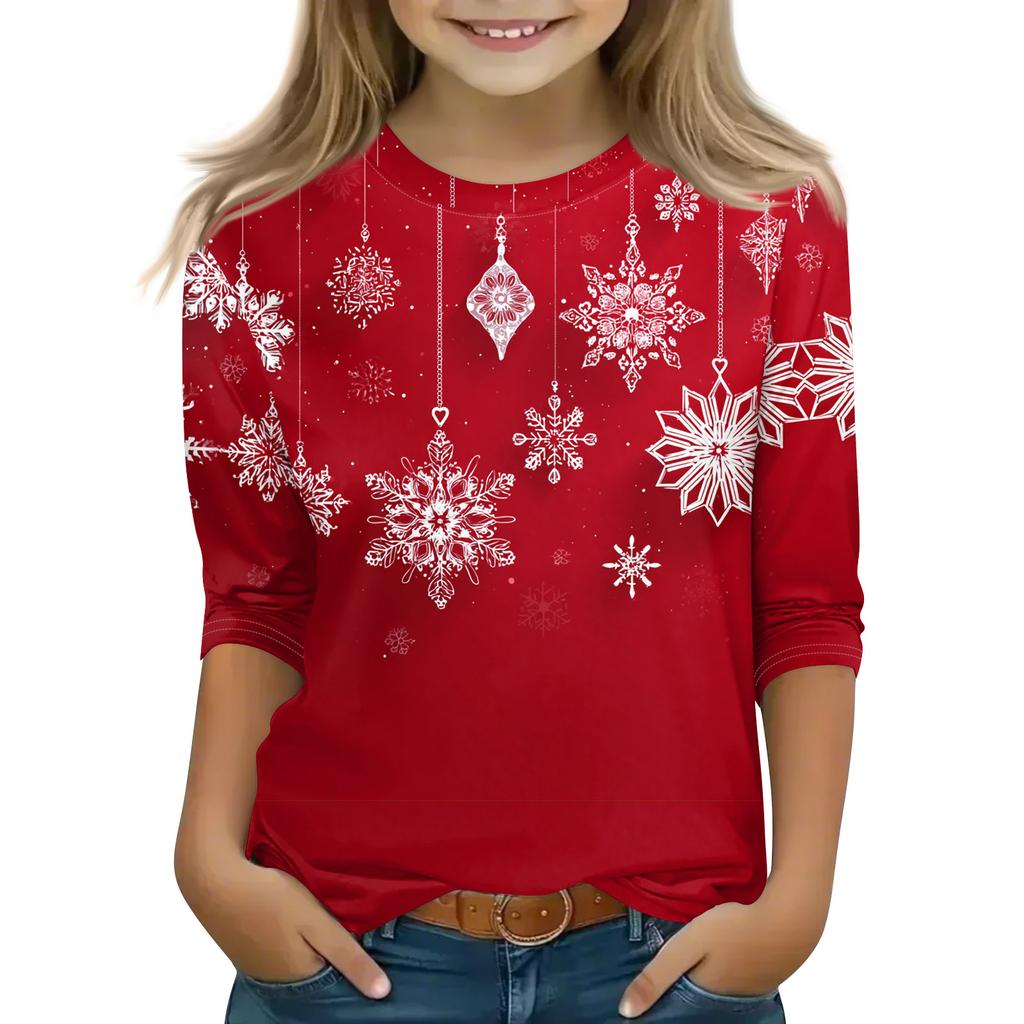 Christmas Day Print Tops For Youth Girls 5-16 Years Round Neck 3/4 Sleeves T-Shirts Trendy Tops Outfit Tees