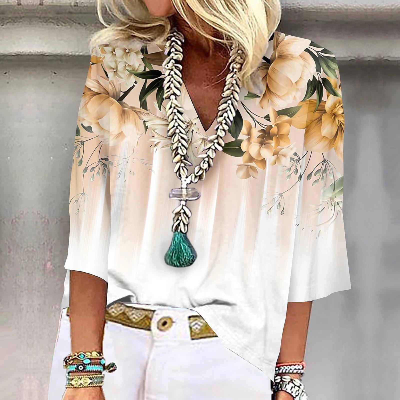 

Женская рубашка, блузка, повседневные свободные рубашки, рукава 3/4, топы с v-образным вырезом и принтом, топы с принтом, футболки, футболки XXXL жёлтый