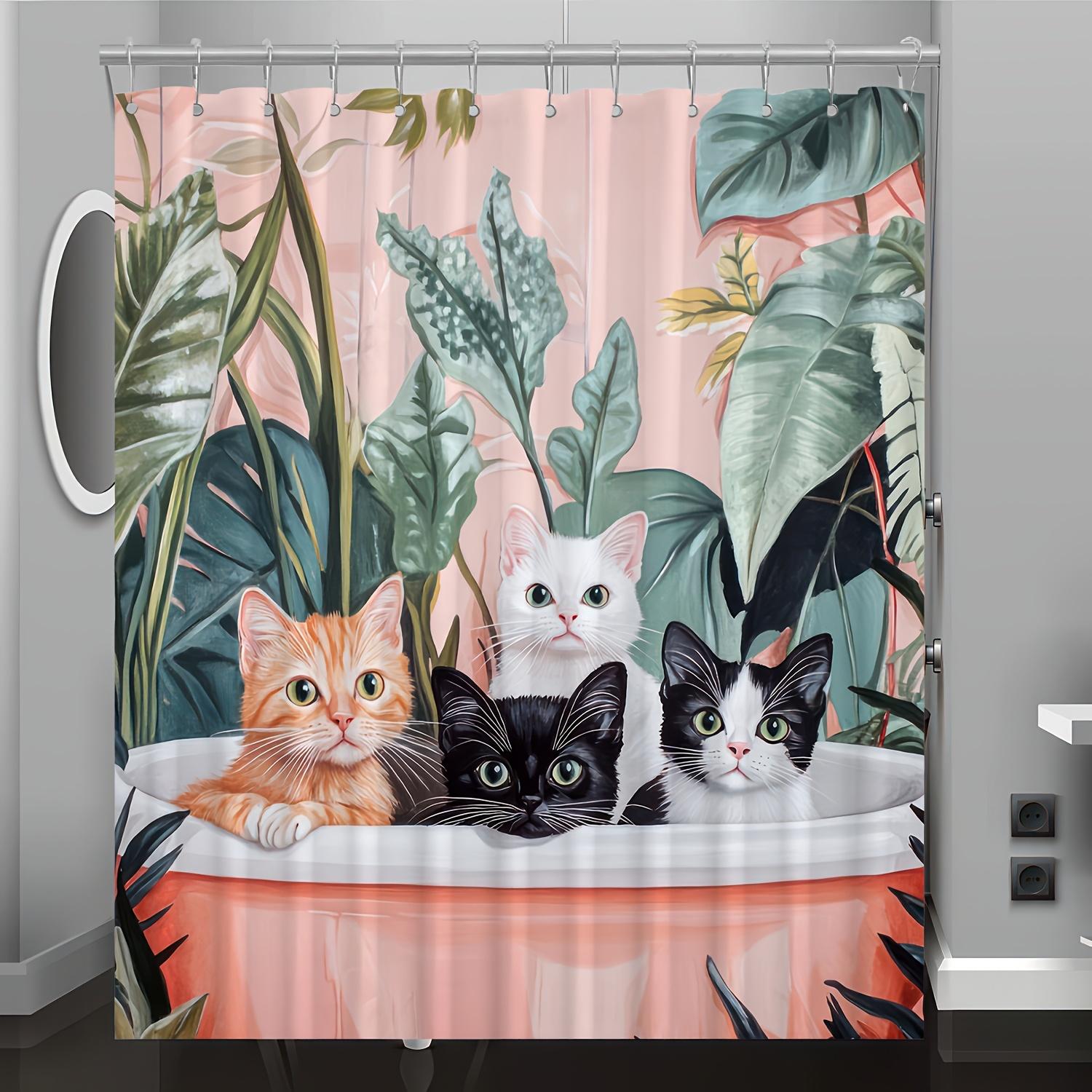 

1Pc Tropical Leaves & Kittens Shower Curtain - Playful Cat Design, Includes Hooks, Vibrant Digital Print For Bathroom Decor W60H190(CM)-1 Pcs