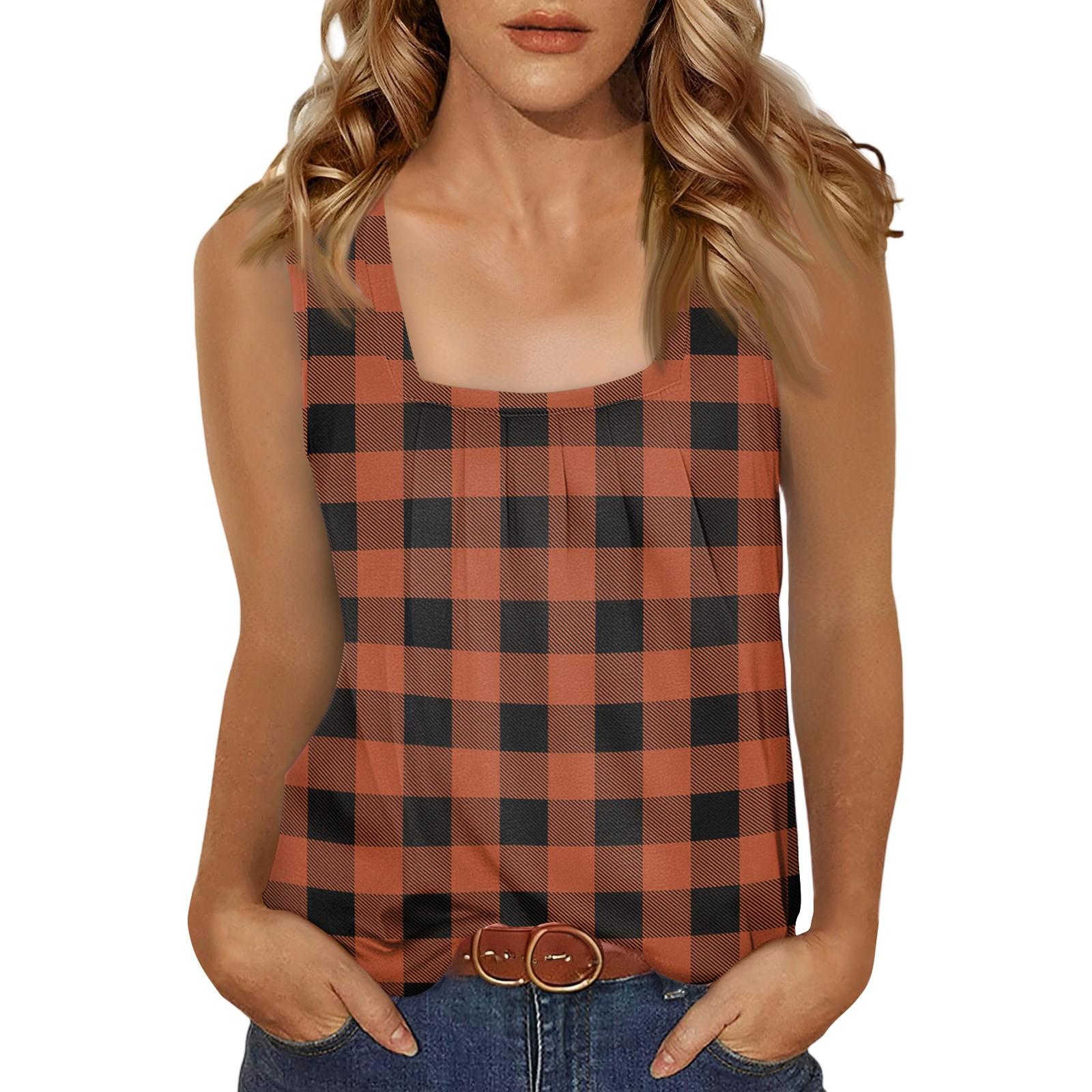 

Women s Casual Fashion Temperament Elegant Square Neck Range Tie Plaid Printed Top XXL