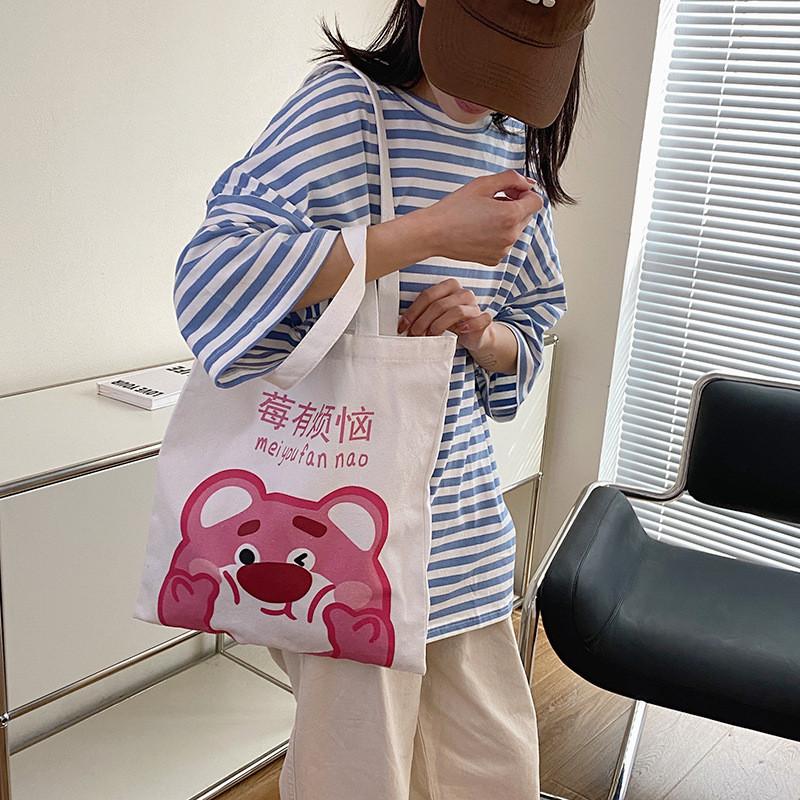 Canvas Tote Bag Large Capacity Casual With Lotso And Letter Print For Daily Use