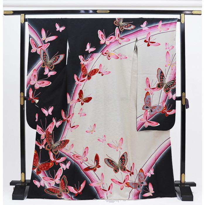 

Furisode [Used item] Off-white x black with butterflies and rhinestones Pure silk [Condition rank B]