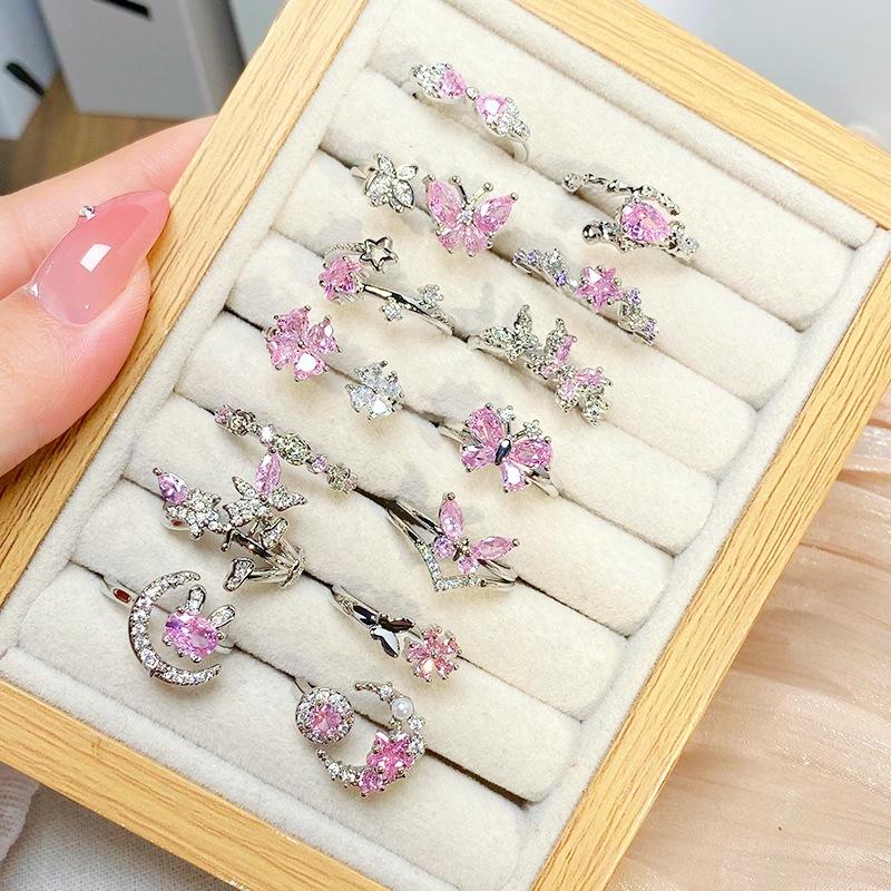 Überraschungsbox Süßer Rosa Zirkon Mädchen Herz Öffnungsring Schmetterling Stern Nische Stapelbares Tragen High-End Ring