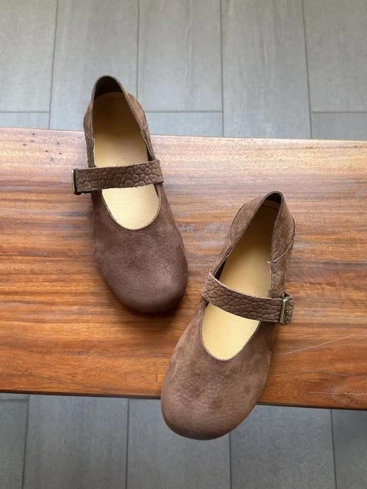 Johnature Genuine Leather Soft Soled Flats Retro Shallow Soft Cowhide Buckle Strap Women's Shoes