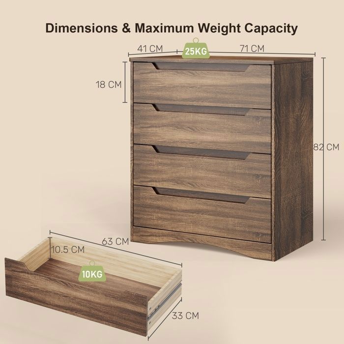 Commode 4 Tiroirs - Bealife - Commode De Chambre - Marron - 71 X 41 X 82 Cm
