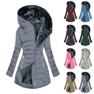 Warme Baumwolljacke für Damen mit Kapuze und Taschen, lange Reißverschlussjacke, Baumwolljacke