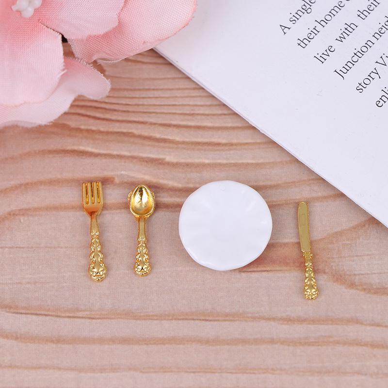 12Pcs/Set Vintage Dollhouse Miniatures Tableware Ceramic Plate Knife Fork Spoon