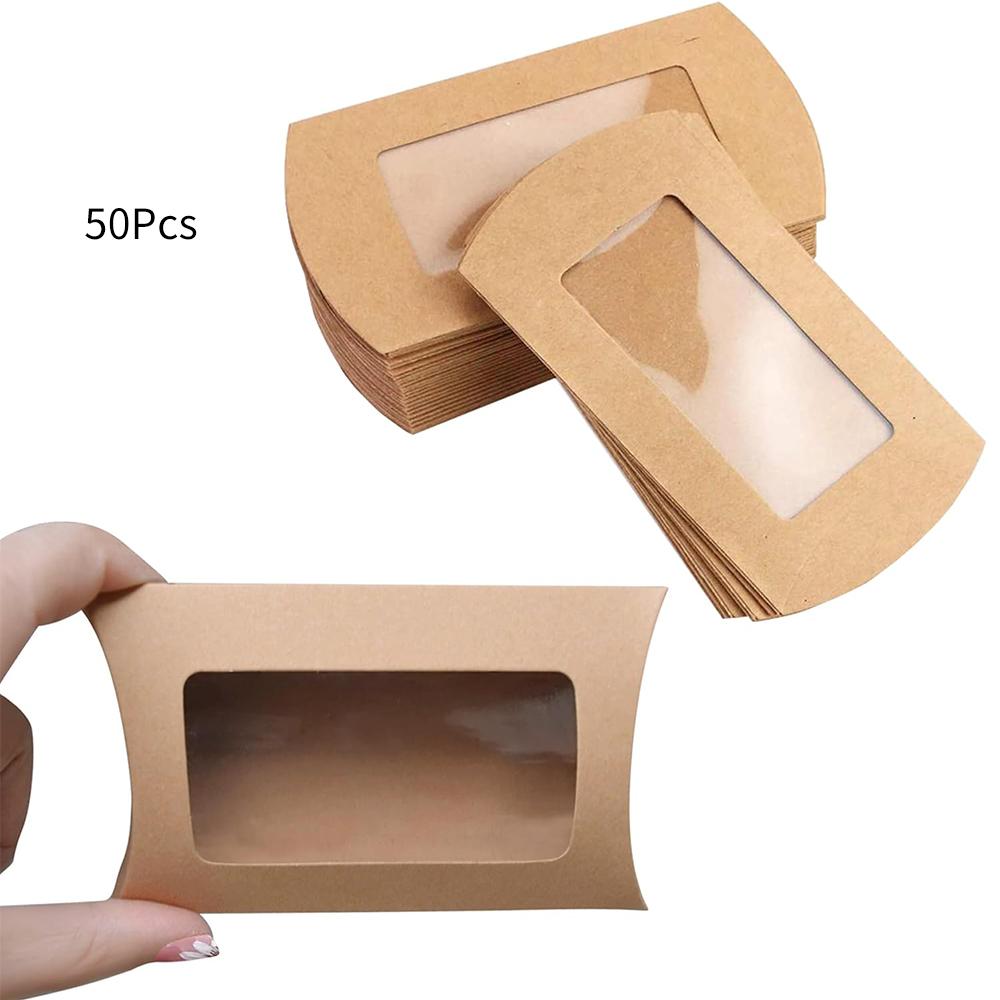 50Pcs Kraft Paper Pillow Box with Clear Window Party Favors Mini Pillow Packaging Box for Candy Chocolate Gift Jewelry Wedding