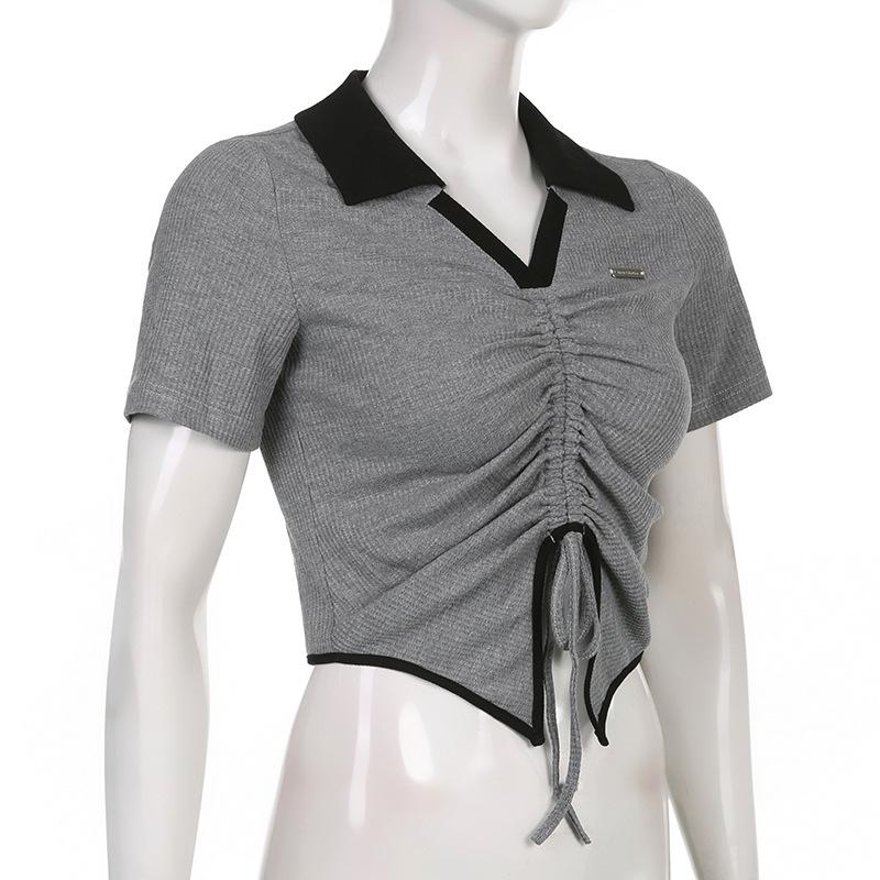 Short Slim Top for Women Vintage V-neck Drawstring Pleated Short Sleeve Top Summer Sexy Irregular T-shirt Gothic Korean Crop Top