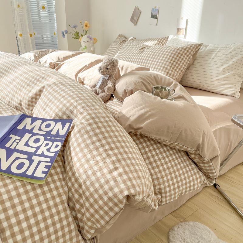INS Plaid Bedding Set Pink Green Bed Linens Nordic Duvet Cover Pillowcase Queen Size Flat Sheet Adults Kids Bedclothes