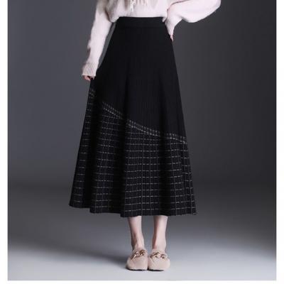 Gonna Lavorata a Maglia a Quadri da Donna Autunno e Inverno a Vita Alta Ampia Svasata Gonna Bustier