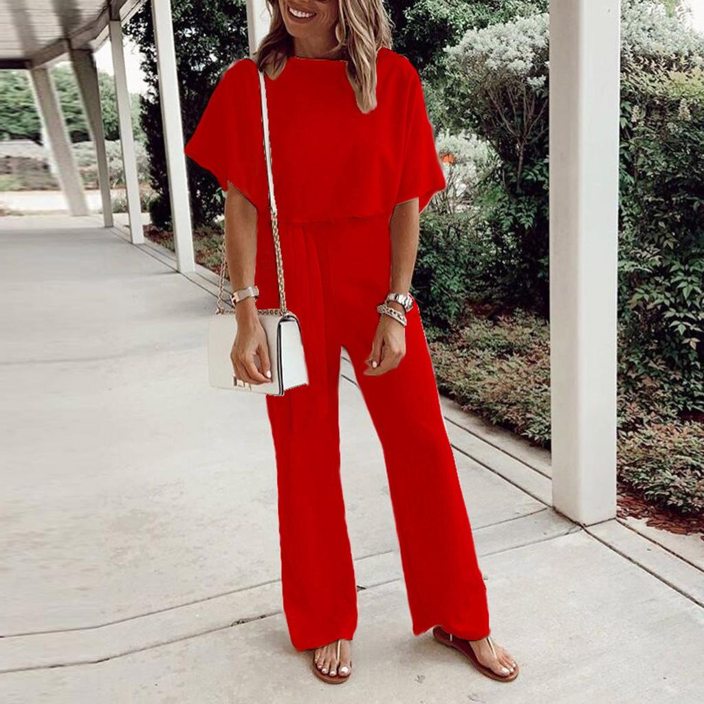 Women Fashion Leisure Solid Color Lace-Up Short Sleeves Female Jumpsuit
