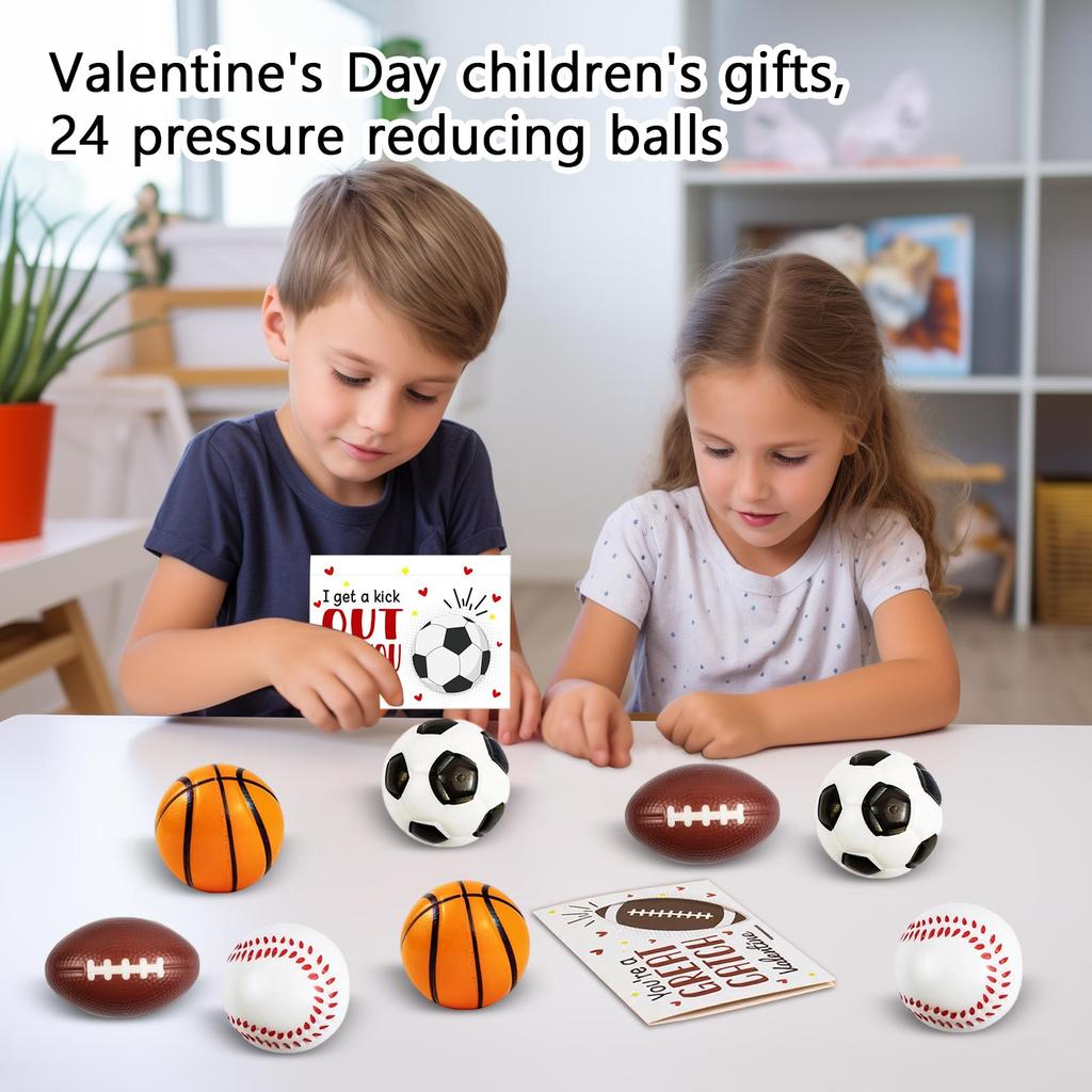 Alla hjärtans dag Barnpresent: Ett paket med 24 stressbollar med ett gratis Alla hjärtans dag-kort, lämpligt för både pojkar och flickor.