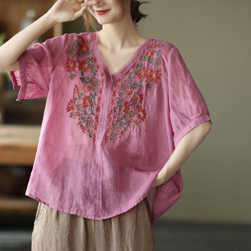 Summer Retro Artistic Embroidery Cotton Nd Linen Top for Women Loose Temperament Pullover Short Sleeved Shirt