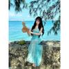 French Green Print Suspender Dress Women's Summer Temperament Waist Seaside Vacation Fishtail Skirt Mesh Beach Skirt