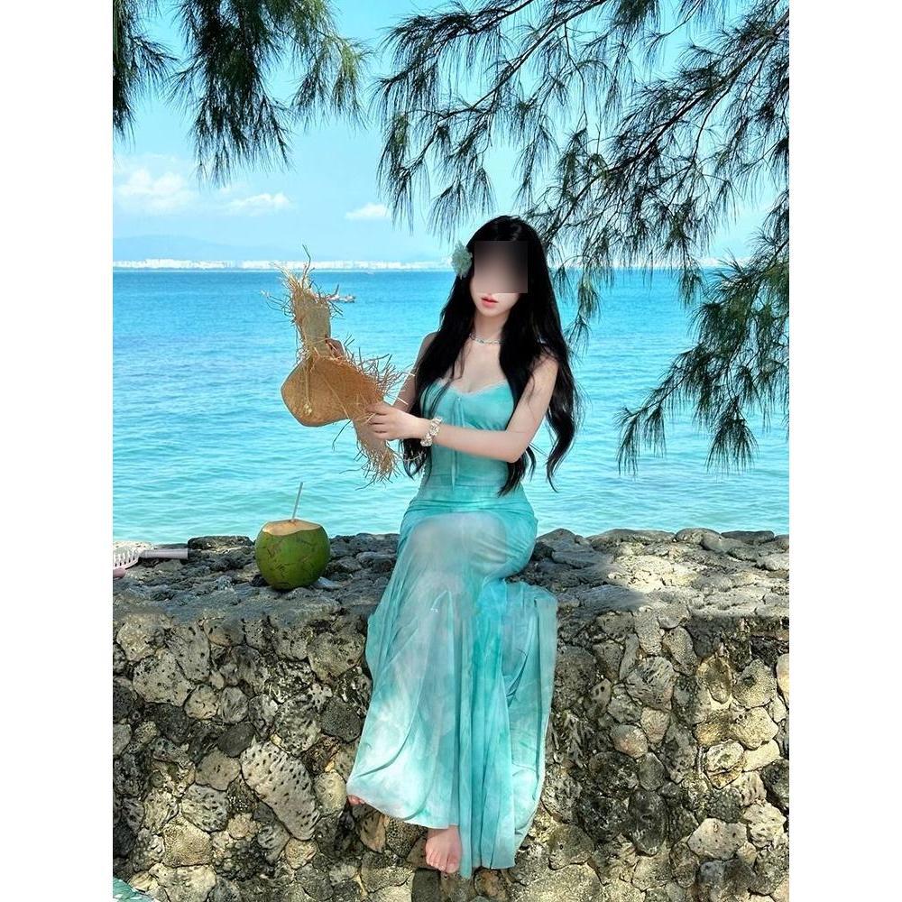 French Green Print Suspender Dress Women's Summer Temperament Waist Seaside Vacation Fishtail Skirt Mesh Beach Skirt