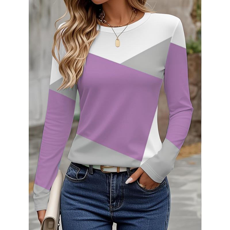 

Женская футболка с 3D цветной блочной строчкой, модная футболка с длинным рукавом и круглым вырезом, обычный топ, для праздничных выходных, весны и осени 2XL