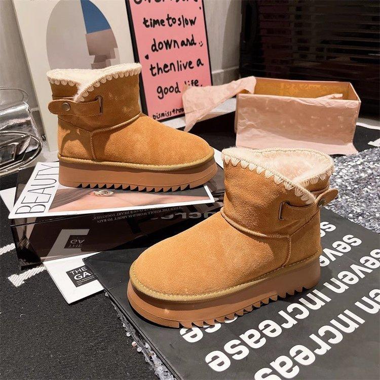Winter 2025 new frosted leather suture snow cotton boots thickened platform muffin small Northeast cotton shoes women