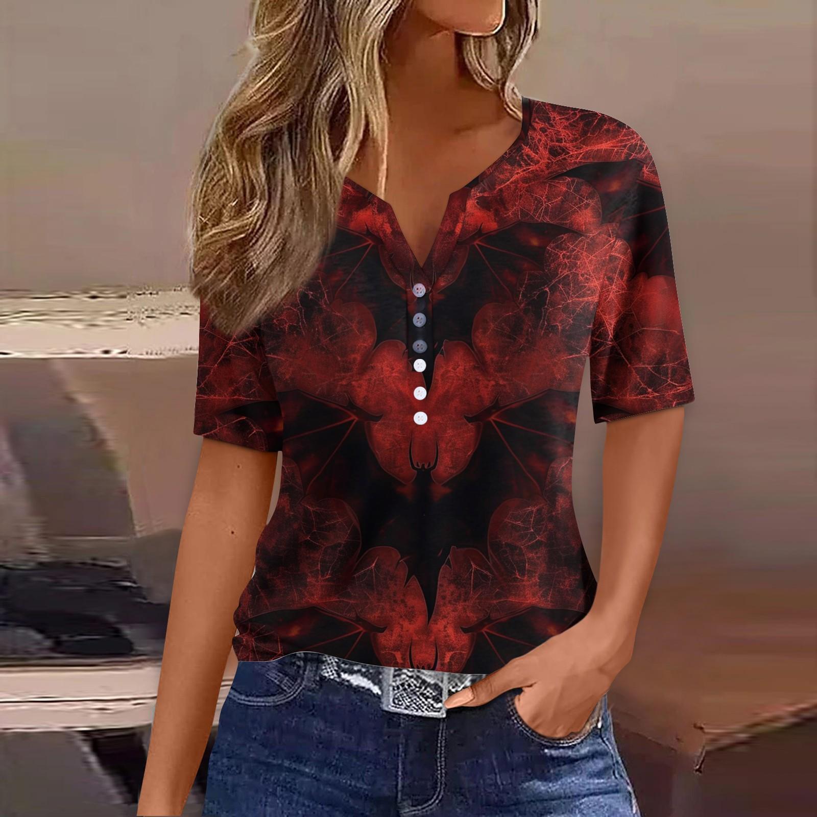 

Женская футболка Футболка Хэллоуин Принт Пуговица Короткий рукав Туника Повседневная Мода Выходного дня Базовая V-образный вырез Обычный Топ XXXL красный