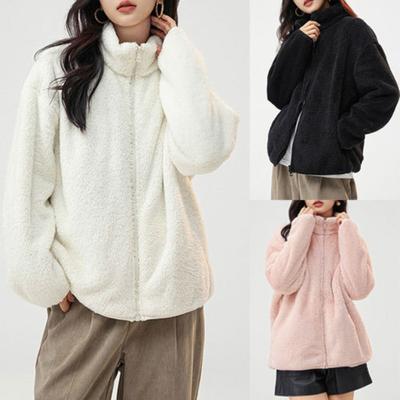 Women's Fashionable Zipper Plush Jacket Coat Casual Top Solid Color Warm Long Sleeved Jacket Coat