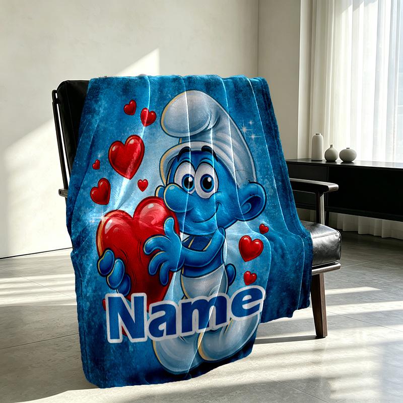 Custom Name Personalized Blue Smurfs Print Blanket, Home Decor, Bedroom, Sofa, Camping, Couch, Gifts for Birthday Christmas