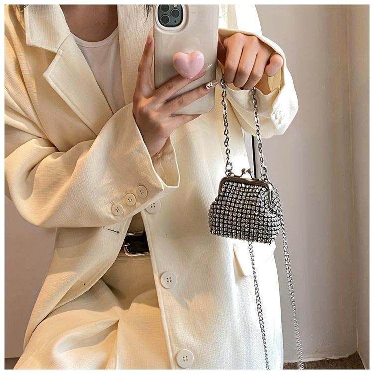 Trendy Mini Rhinestone Kiss Lock Crossbody Bag For Girls Cute Punk Evening Shoulder Purse With Detachable Metal Chain Strap Ideal For Parties Outings