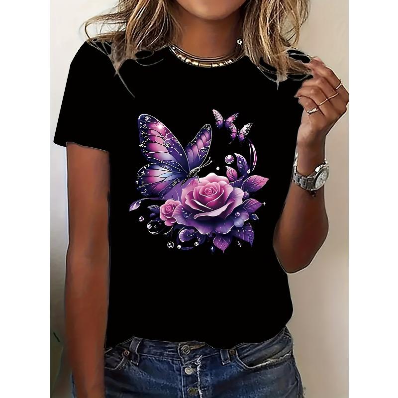 

European sizes Gorgeous Romantic Print Women s Short Sleeve T-Shirt - Exquisite Rose and Purple Butterfly Pattern, Machine Washable 4XL чорний