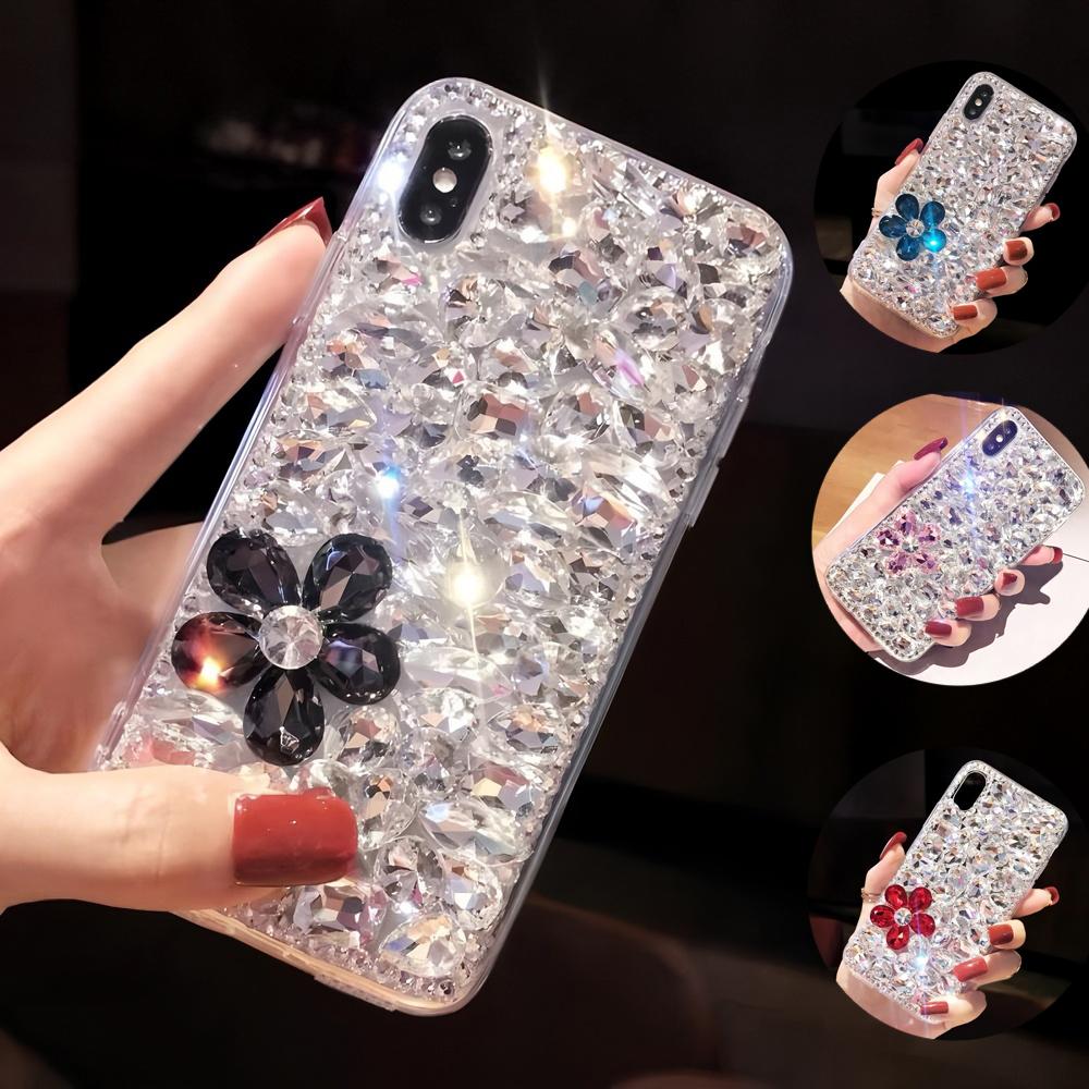 Glitter Rhinestone Flower Phone Case For iPhone 17 16 15 14 13 12 11 Pro Max Air mini 16e 8 7 Plus X XS XR SE, Sparkling Crystal Diamond Cover