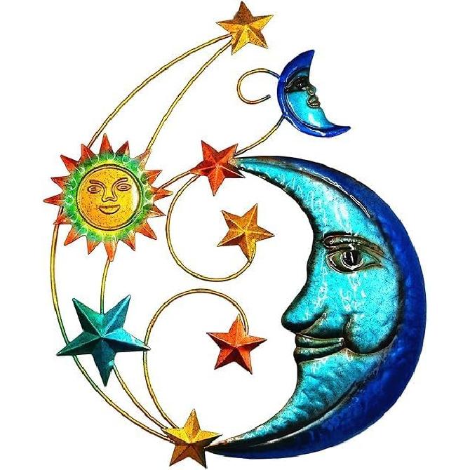 Metal Sun Outdoor Wall Art Decor, Large Size 17   Sun Face Metal Wall Sculpture with Moon & Stars for Home Wall Decoration Living Room, Bedroom,