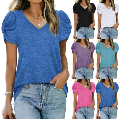 Ladies Summer Knot Short Sleeve V Neck Solid Color Pullover T Shirt Top