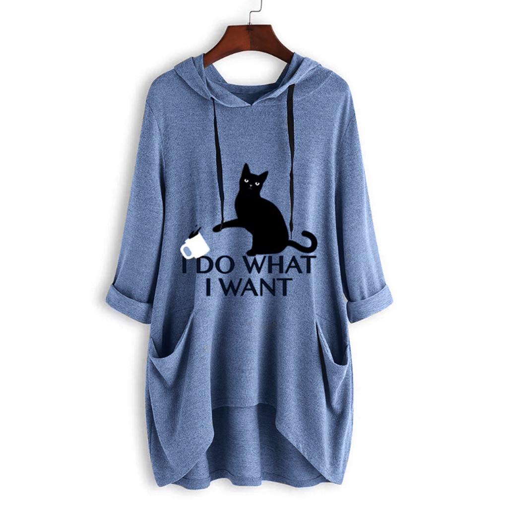 Women Casual Print Cat Ear Hooded Long Sleeves Pocket Irregular Top Blouse Shirt
