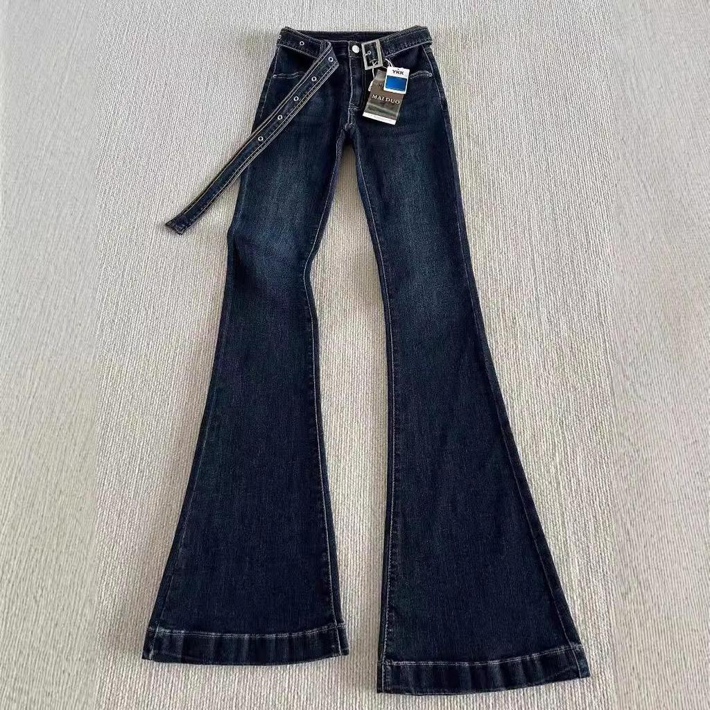 Retro Hong Kong-Style Flared Jeans for Women with Belt – Slim-Fit, Low-Waisted, Floor-Length, Stretchy Pants for Fall and Winter.