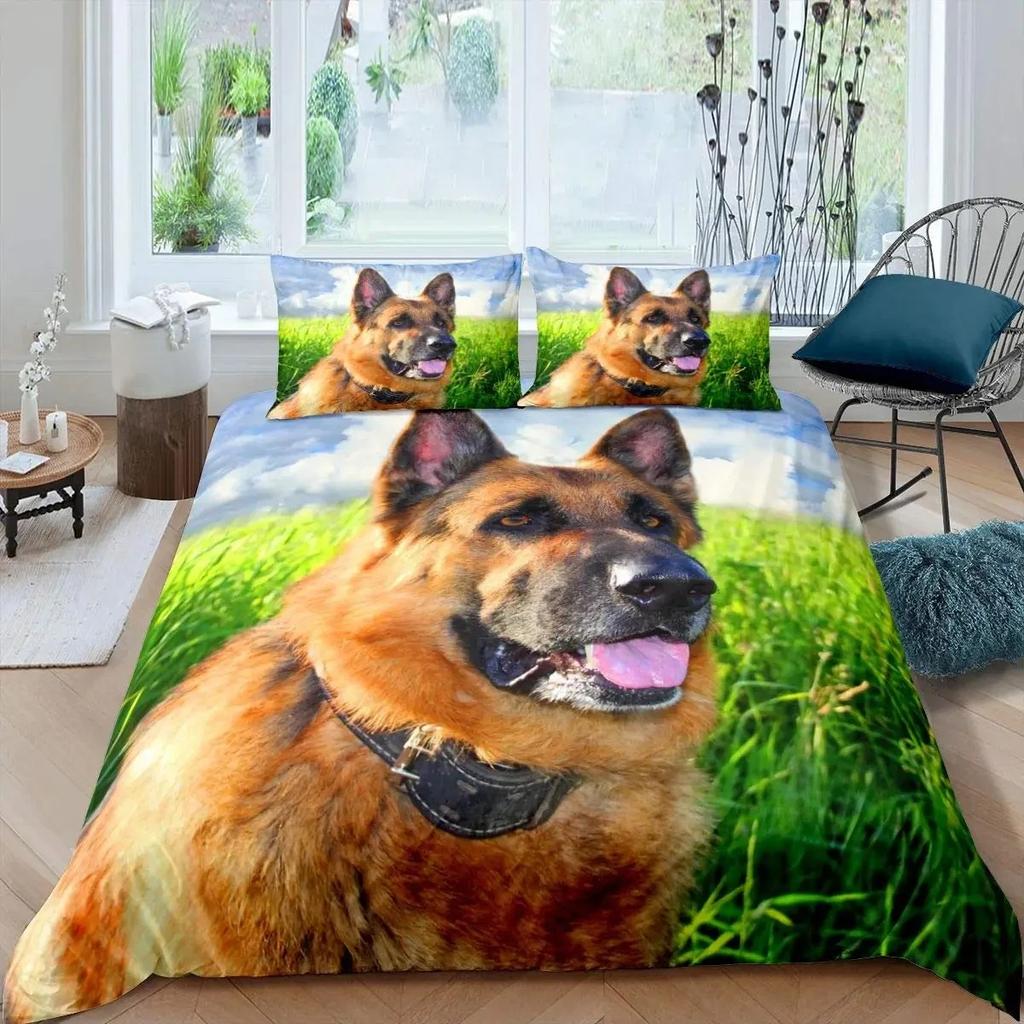 Schäferhund Bettbezug Set 3D Schäferhund Welpe Druck Bettwäsche Set für Jungen Mädchen Haustier Tier Thema Bettdeckenbezug