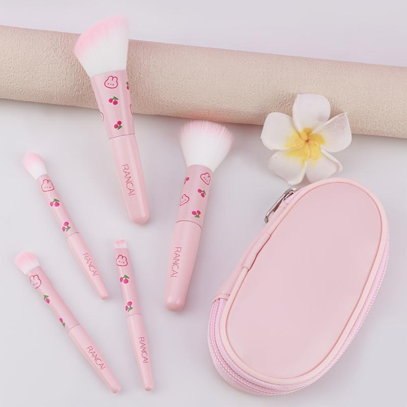 5Pcs Cute Compact Makeup Brush Set With Case Premium Brush For Flawless Foundation, Blush, Eyeshadow Application Beauty Tools