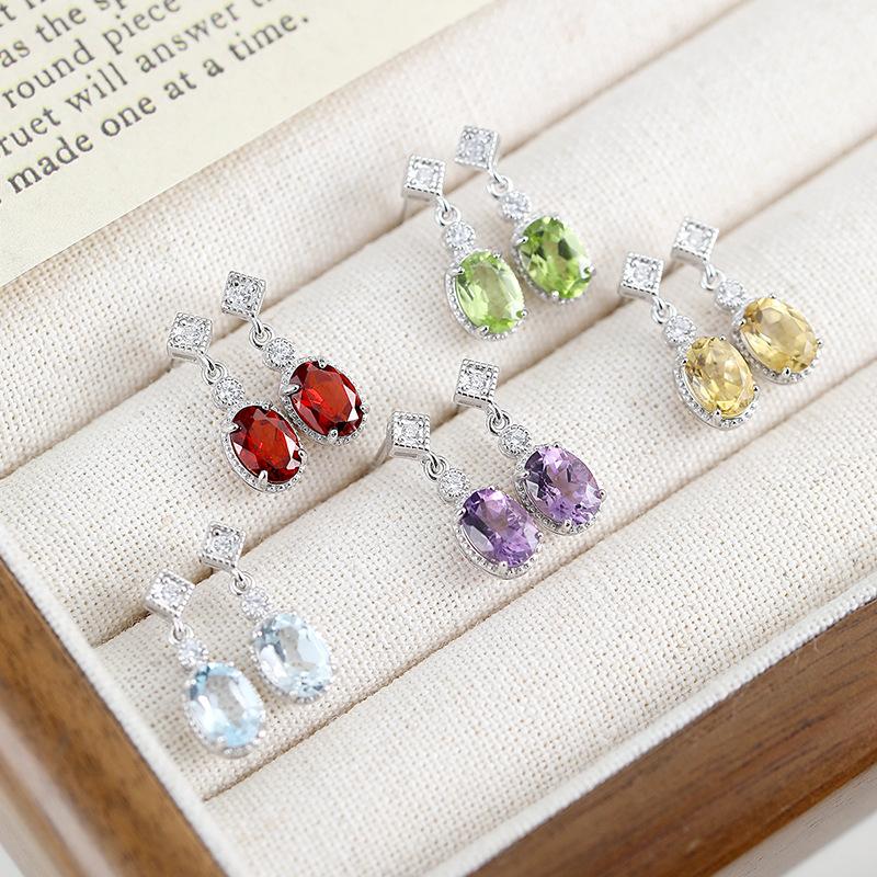Natural crystal stone earrings premium garnet topaz s925 sterling silver stud earrings women